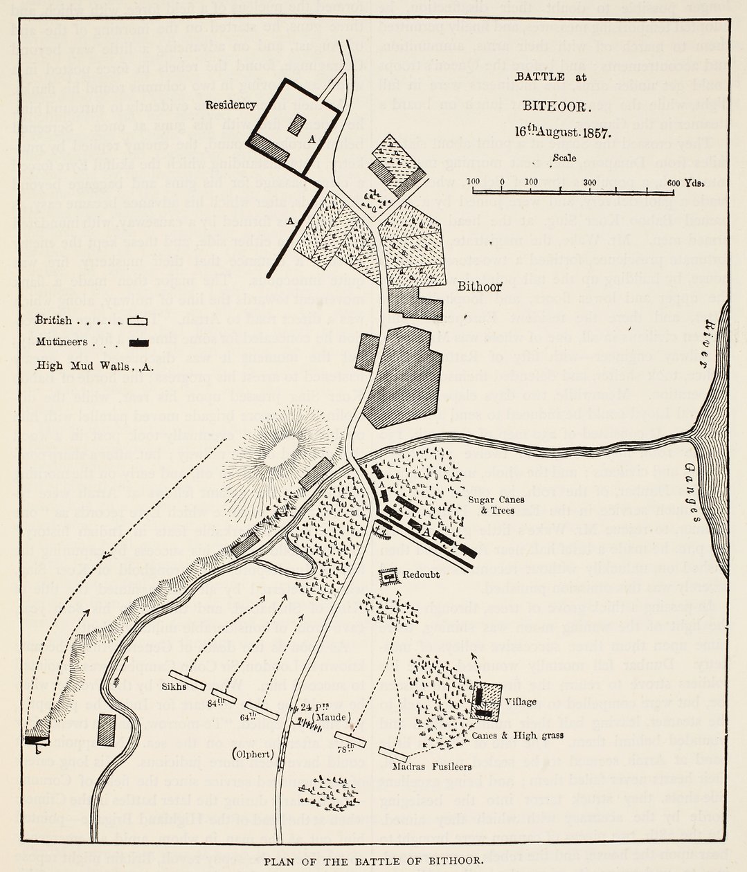Plano de la Batalla de Bithoor, 16 de agosto de 1857, de Cassells Illustrated History of England de English School