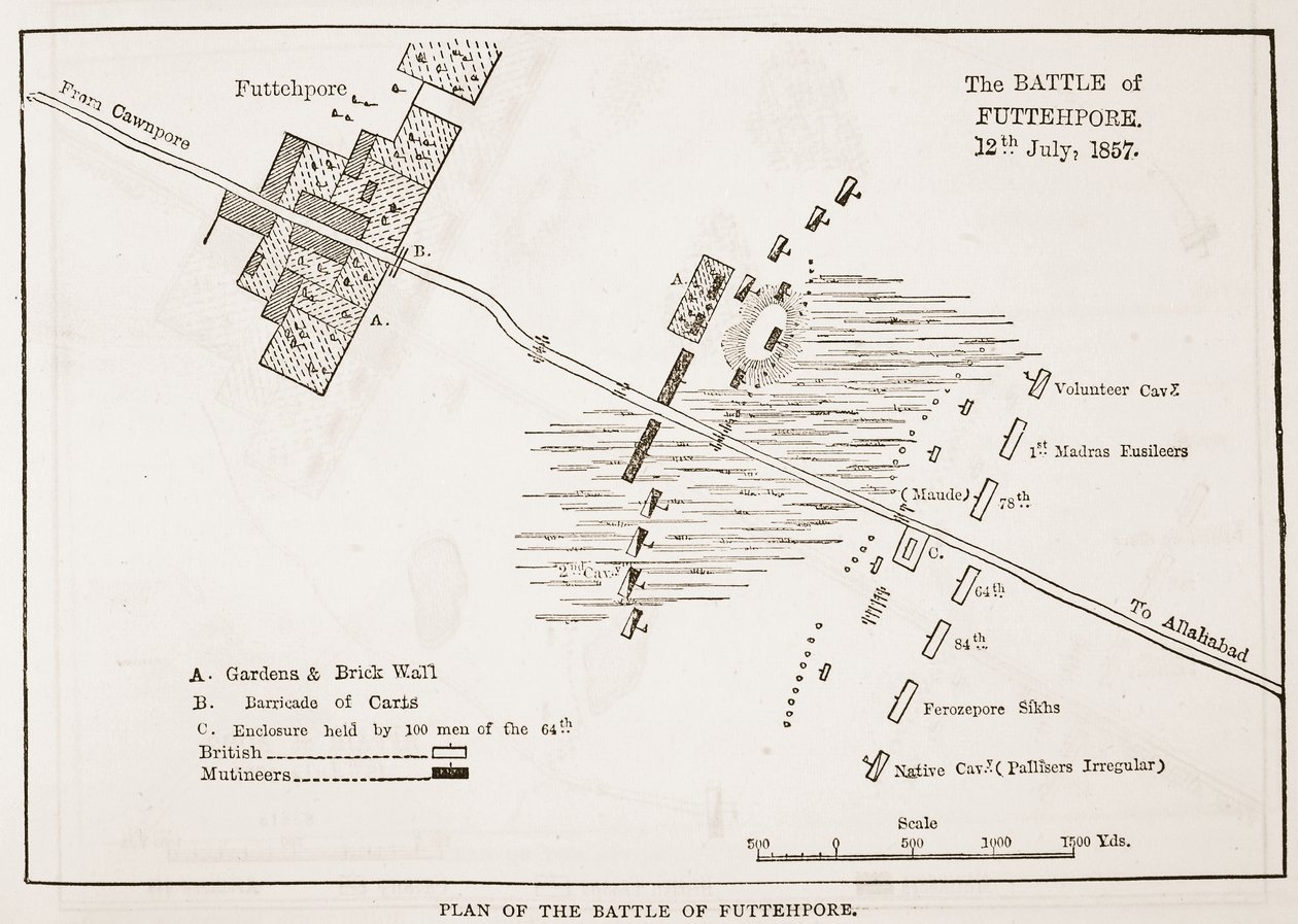 Plano de la Batalla de Futtehpore, 12 de julio de 1857, de la Historia Ilustrada de Inglaterra de Cassell de English School