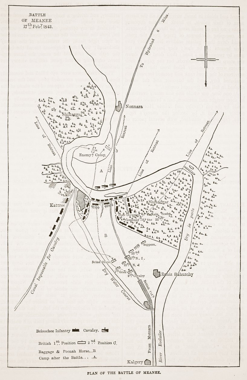 Plano de la Batalla de Meanee, ilustración de la Historia Ilustrada de Inglaterra de Cassell de English School