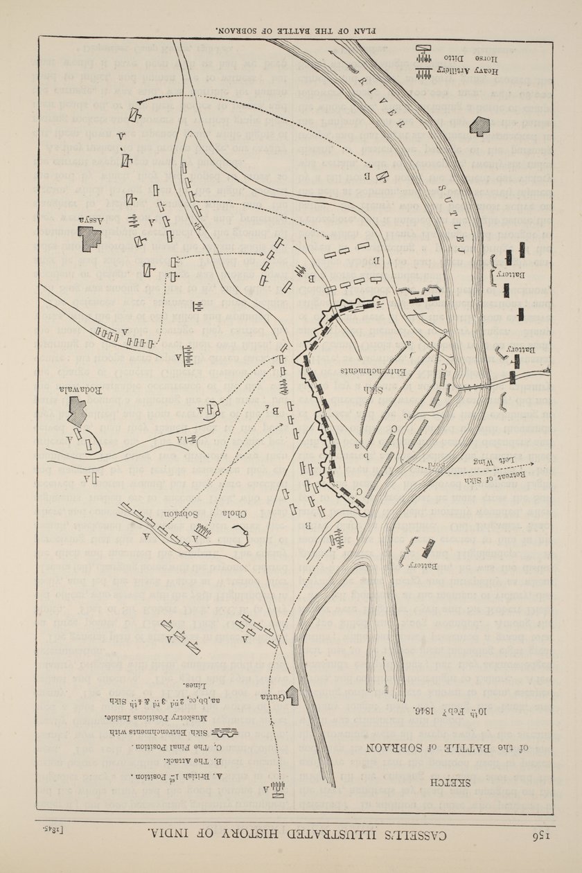 Plano de la Batalla de Sobraon, 10 de febrero de 1846, ilustración de la Historia Ilustrada de Inglaterra de Cassell de English School