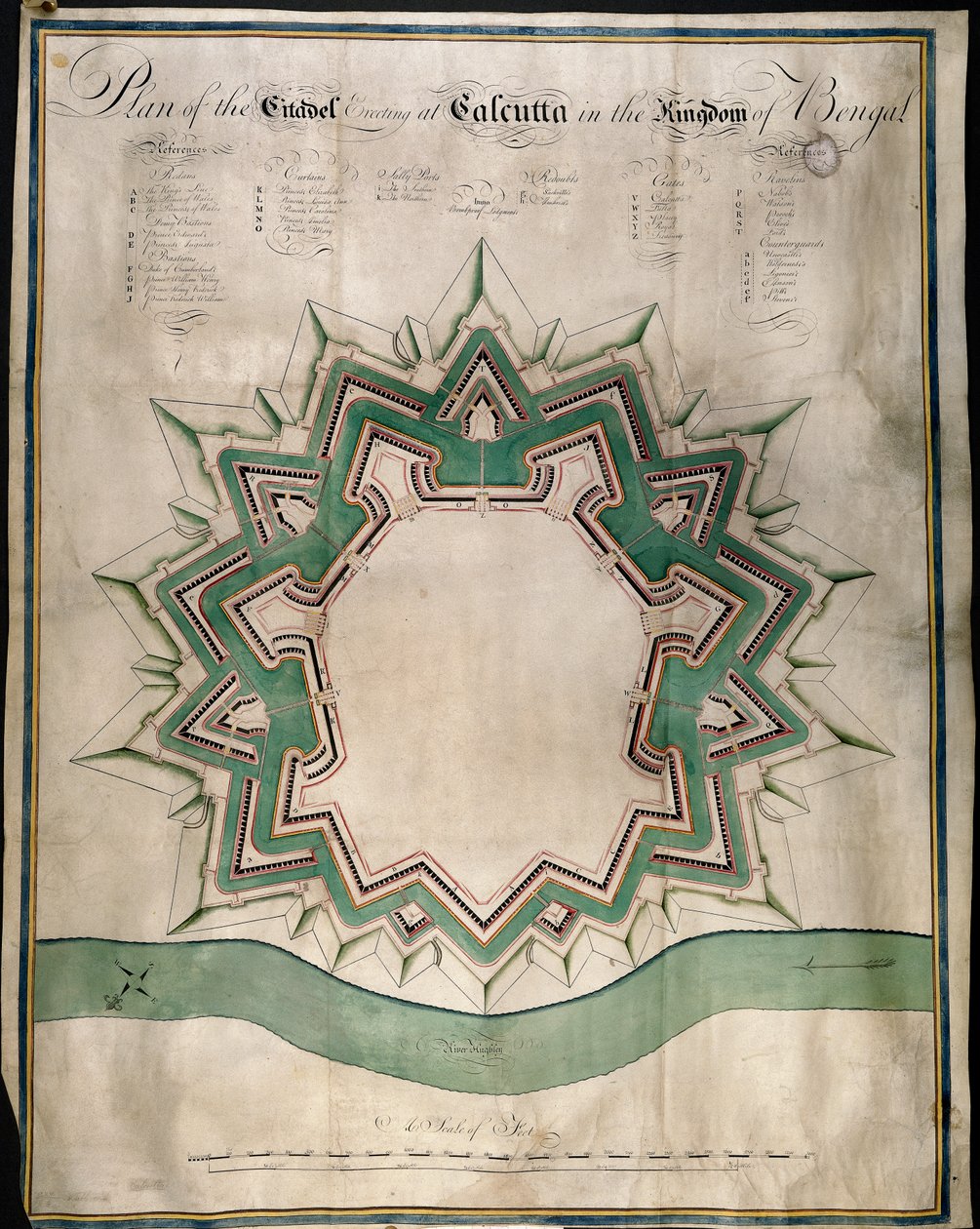 Plano de la ciudadela de Calcuta y Fort William, almacén fortificado de la Compañía de las Indias Orientales, c.1750 (pluma, tinta y acuarela sobre papel) de English School