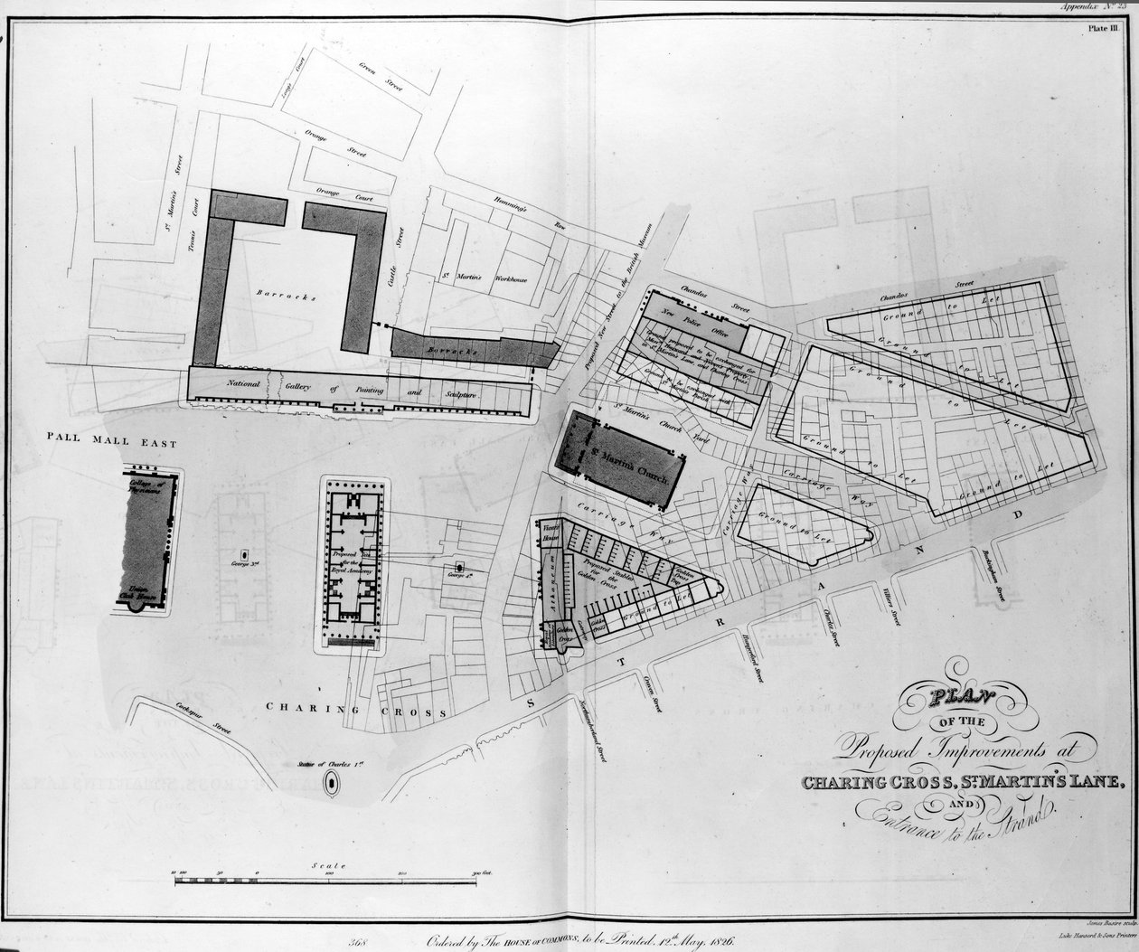 Plan de las Mejoras Propuestas en Charing Cross, St. Martins Lane y Entrada al Strand, grabado por James Basire, 1826 de English School