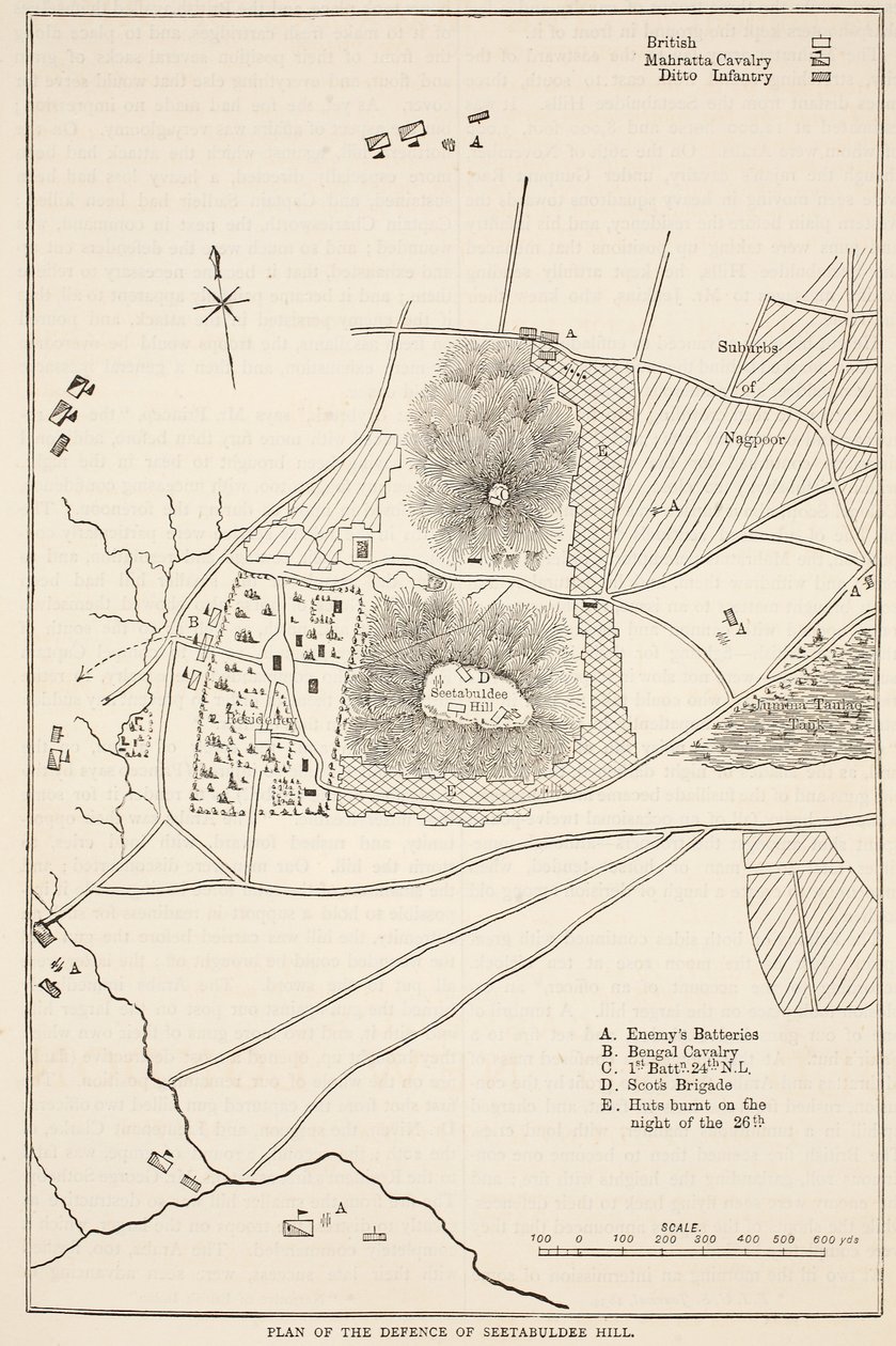 Plano de la defensa de la colina de Seetabuldee, ilustración de Cassells Illustrated History of India de James Grant, pub. 1879 de English School