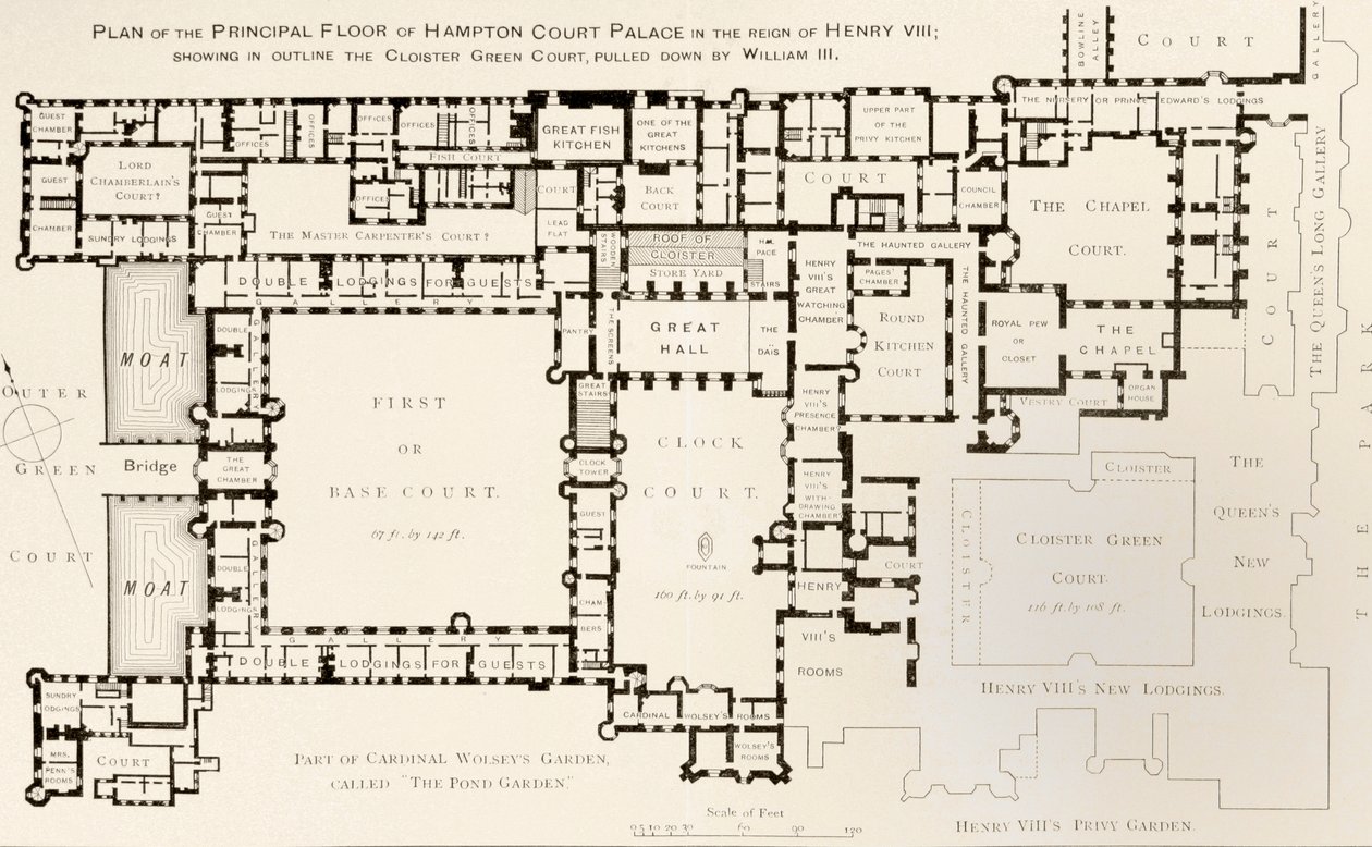 Plano del piso principal del Palacio de Hampton Court como era durante el reinado del Rey Enrique VIII, de la Historia del Palacio de Hampton Court en Tiempos Tudor por Ernest Law, publicado en Londres 1885 de English School