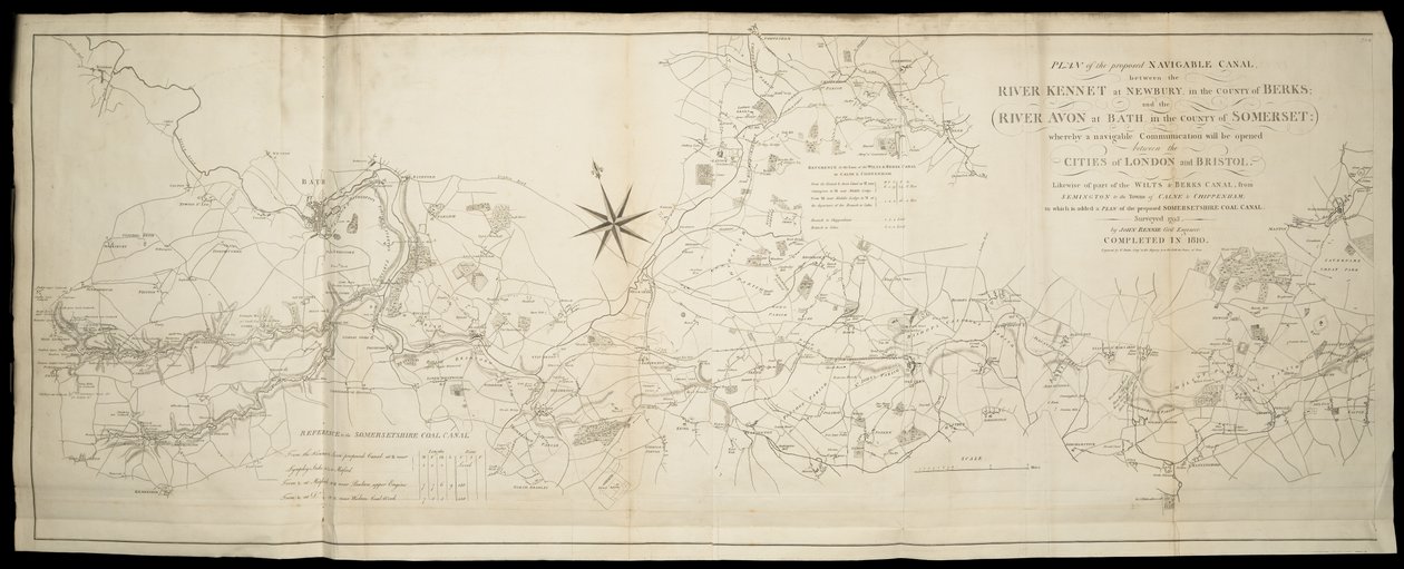 Plan del canal navegable propuesto entre el río Kennet en Newbury en Berks y el río Avon en Somerset: mediante el cual se abrirá una comunicación navegable entre... Londres y Bristol [también] Wilts & Berks & Somerset Coal Canals / Surveyed... por John Ren de English School