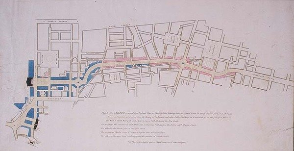 Plan presentado a la Cámara de los Comunes de una calle propuesta desde Charing Cross hasta Portland Place, conduciendo a la Corona en Marylebone Park de English School