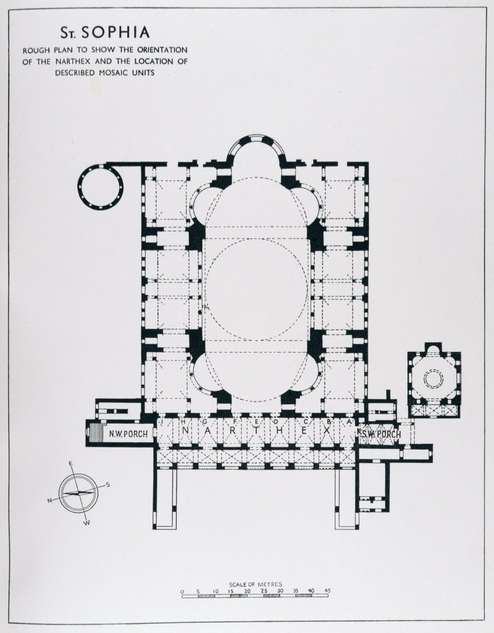 Plano para mostrar la orientación del nártex y las unidades de mosaico descritas, de The Mosaics of Haghia Sophia at Istambul por Thomas Whittemore de English School