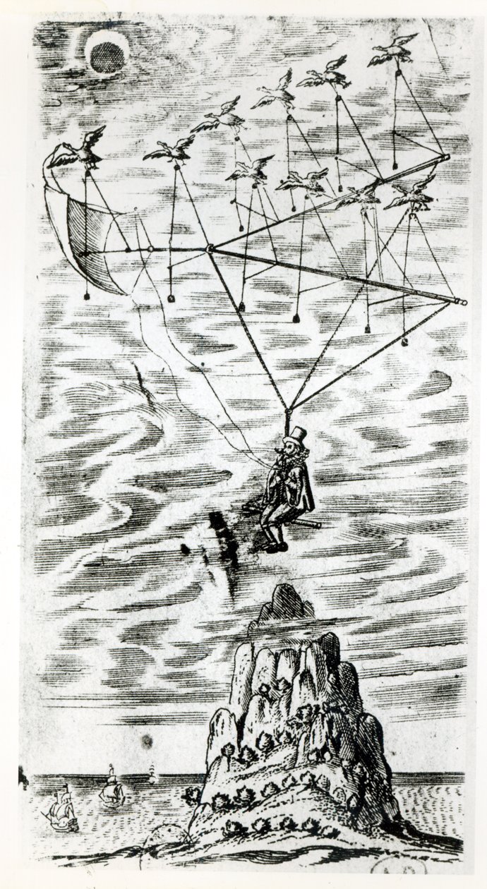 Avión, ilustración del frontispicio de El hombre en la luna o un discurso de un viaje allí por Domingo Gonsales, el Mensajero rápido por Francis Godwin (1562-1633), publicado póstumamente de English School