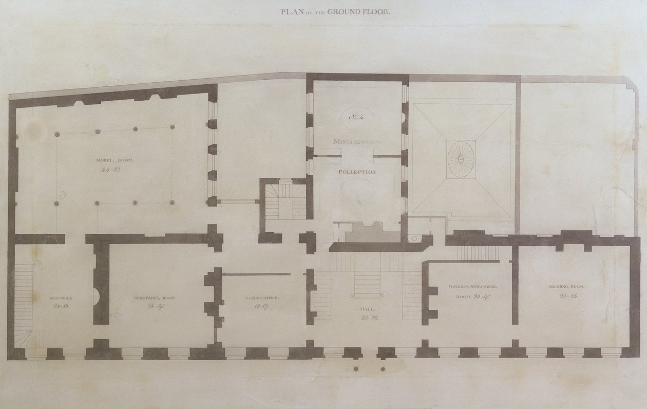 Planos de la planta baja de 21 Albemarle Street después de las alteraciones iniciales a la casa tras su adquisición por la Royal Institution, c.1800 de English School