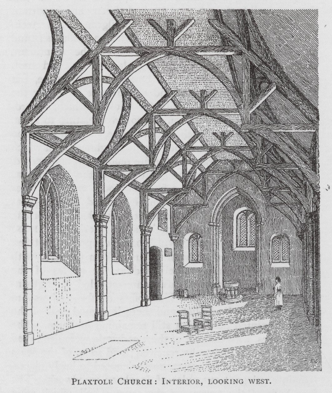 Iglesia de Plaxtole, interior, mirando al oeste (litografía) de English School