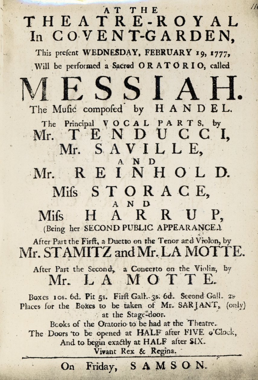 Cartel anunciando una representación del Oratorio de Handel, 