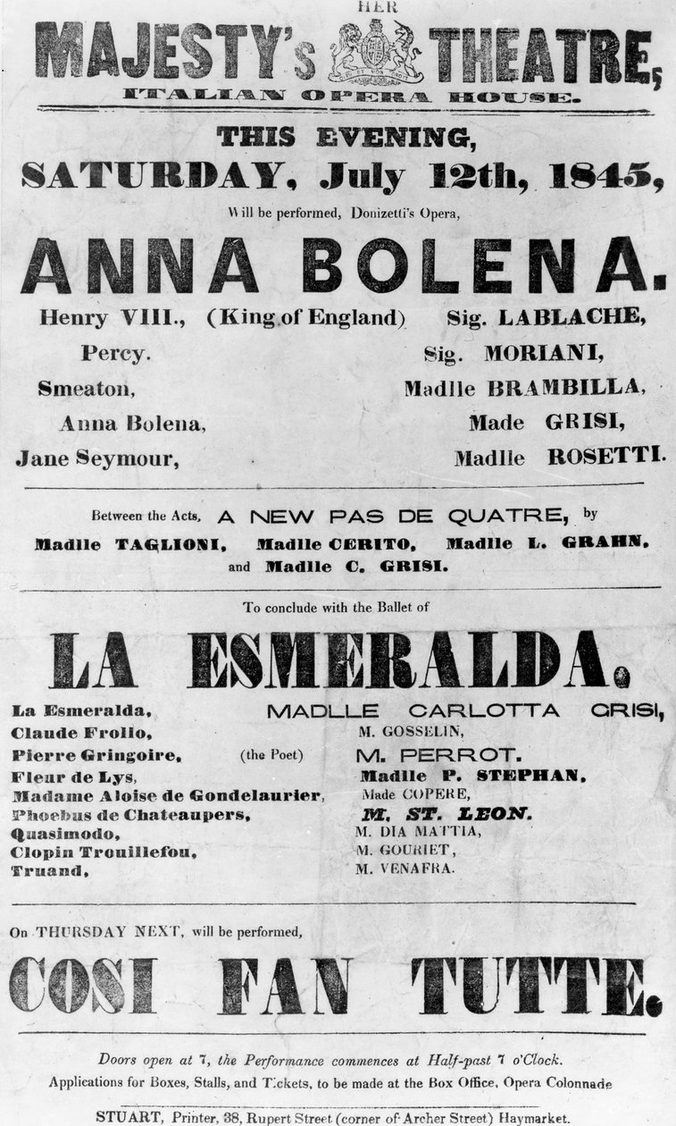 Cartel del Teatro de Su Majestad, Casa de la Ópera Italiana, 1845 de English School