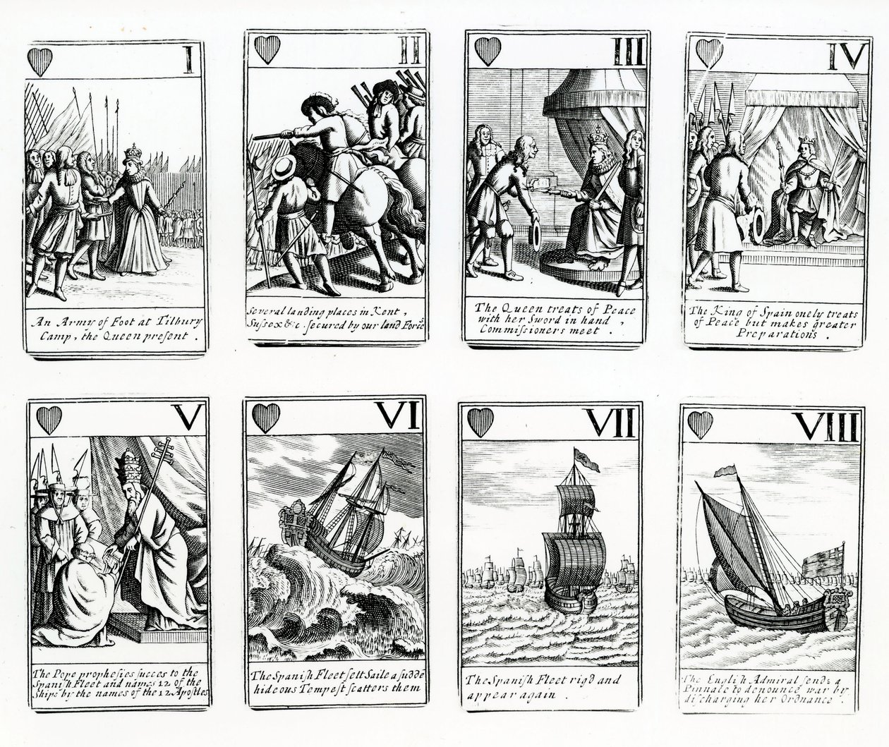 Cartas de juego que representan los eventos de la Armada Española, 1699 de English School