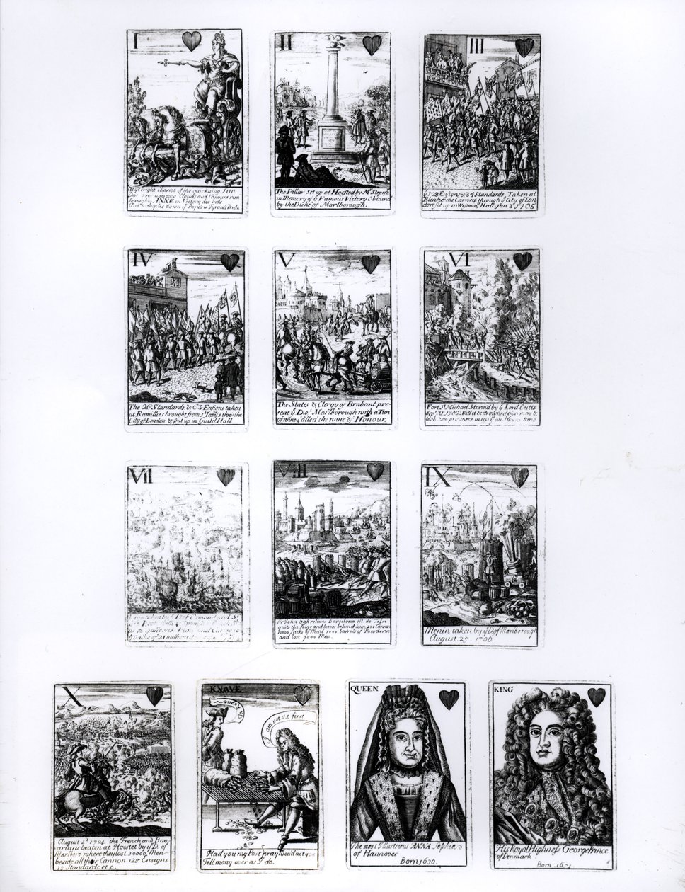 Cartas de juego que conmemoran la Guerra de Sucesión Española, palo de corazones, c.1707 de English School