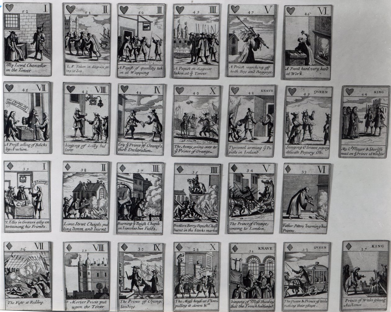 Cartas de juego que representan episodios de la Revolución Gloriosa de 1688-89, c.1689 de English School