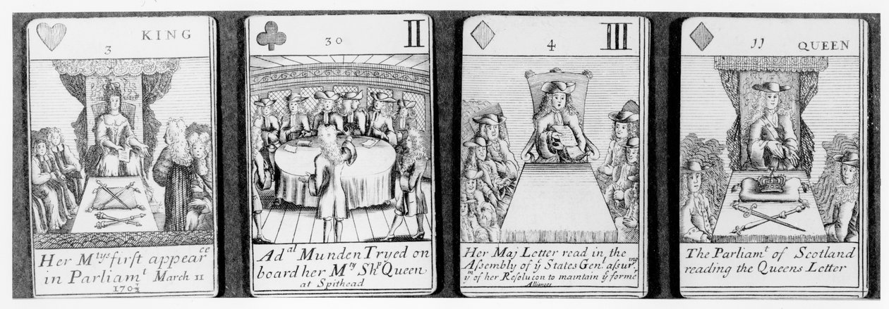 Cartas de juego que representan eventos al inicio del reinado de la Reina Ana, de un conjunto que conmemora la Guerra de Sucesión Española (1702-13) de English School