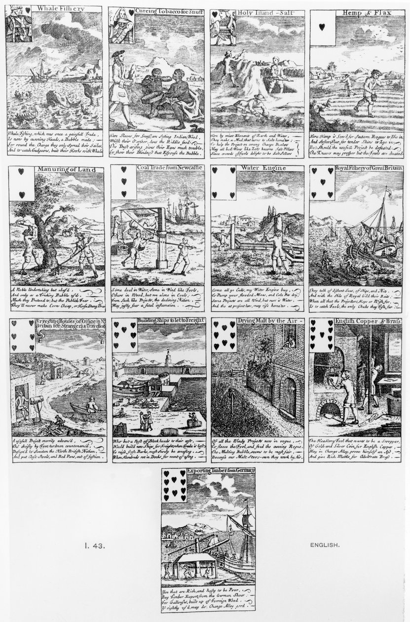 Cartas de juego satirizando las burbujas financieras, c.1720 de English School