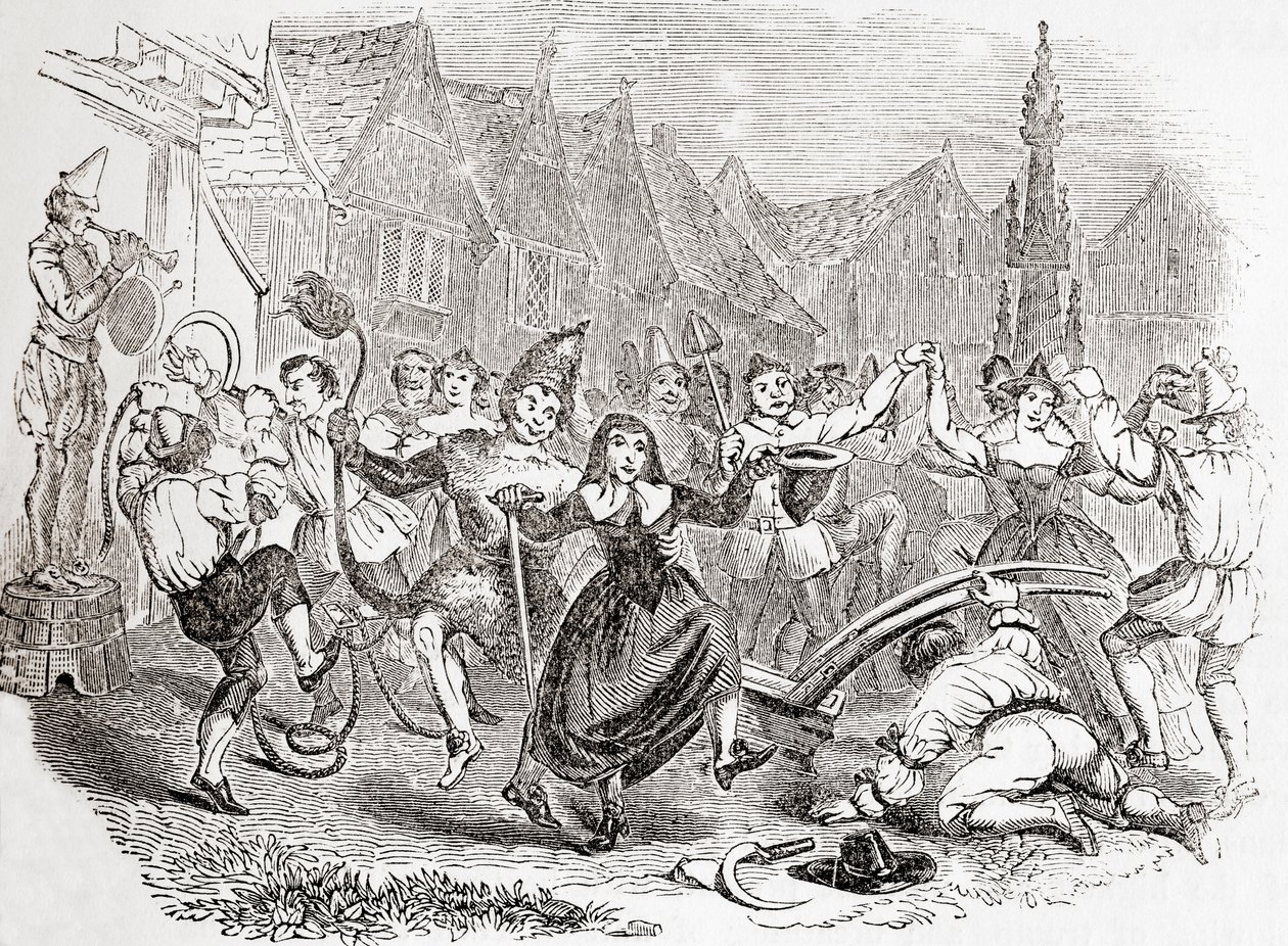 Celebraciones del Lunes de Arado, el baile de Bessie y el Payaso, de la Vieja Inglaterra: A Pictorial Museum, pub. 1847 de English School