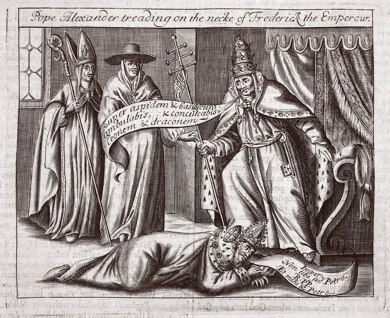 El Papa Alejandro pisoteando el cuello del emperador Federico, ilustración de Hechos y Monumentos de John Foxe, novena edición, pub. 1684 de English School