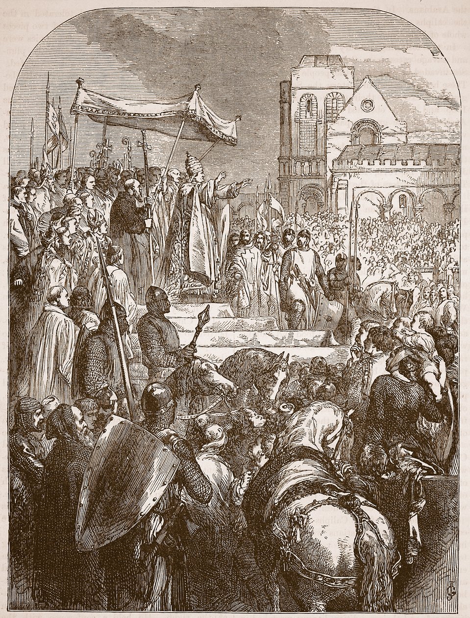 El Papa Urbano II predicando la Primera Cruzada en el mercado de Clermont, 1096, ilustración de Cassells Illustrated History of England de English School