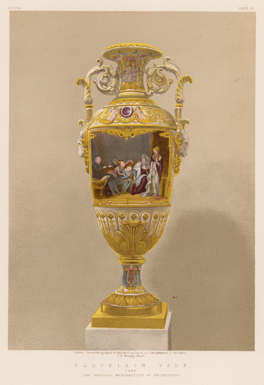 Jarrón de porcelana de la manufactura imperial de San Petersburgo (cromolito) de English School