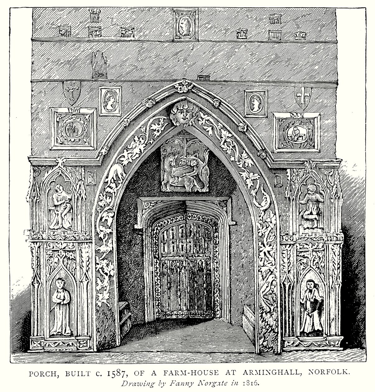 Porche, construido hacia 1587, de una granja en Arminghall, Norfolk (grabado) de English School
