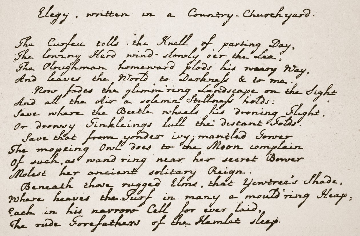Parte de la Elegía de Gray, en la letra del poeta, ilustración de The Church of England: A History for the People por H.D.M. Spence-Jones de English School