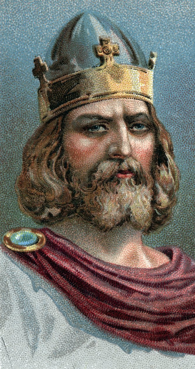 Retrato de Alfredo el Grande (Alfred the Great, 849-899), Rey de Wessex, siglo IX d.C. - De la serie "Leaders of Men" - Cromolitografía - Escuela Inglesa, siglo XX de English School
