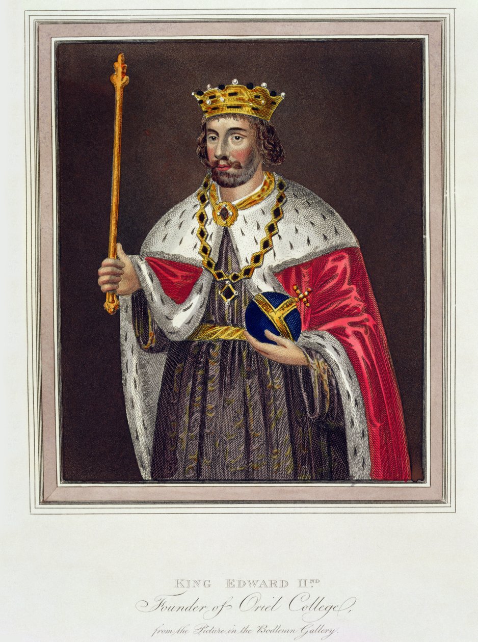 Retrato del Rey Eduardo II (1284-1327) Fundador del Oriel College, después de una pintura en la Biblioteca Bodleiana (grabado en color) de English School