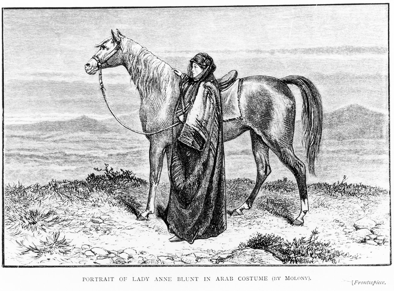 Retrato de Lady Anne Blunt (1837-1917) en traje árabe con un caballo árabe, frontispicio de su libro Una Peregrinación a Nejd, publicado en 1881 de English School
