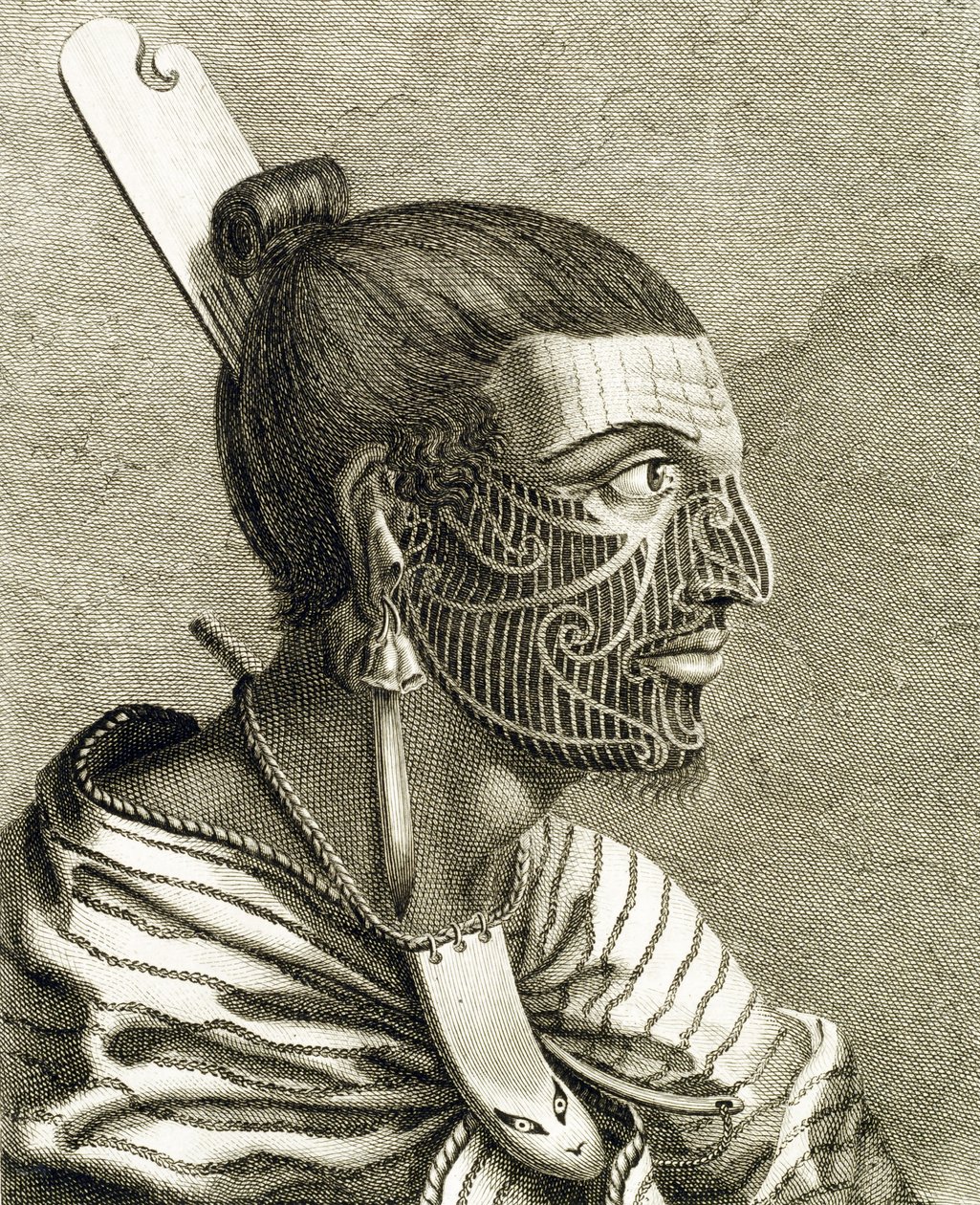 Retrato de hombre maorí con tatuajes Ta Moko de English School