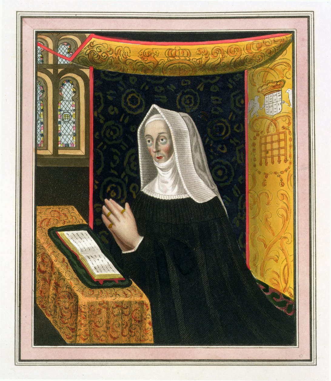 Retrato de Margaret Beaufort, condesa de Richmond y Derby (1443-1509), fundadora del St. Johns College, Cambridge, de The History of Cambridge, pub. por R. Ackermann, 1815 de English School
