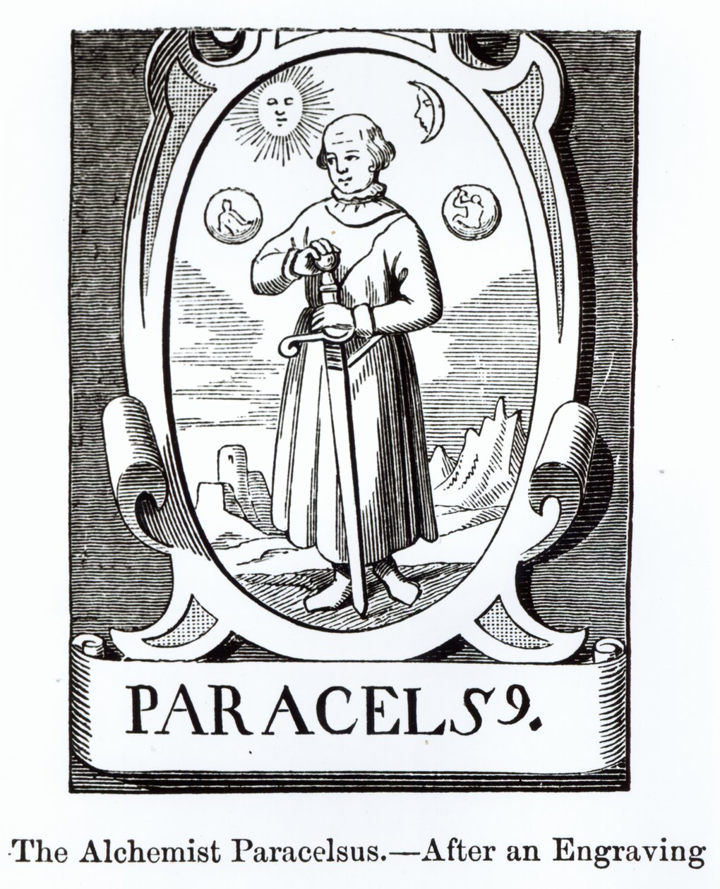 Retrato de Paracelso (Philippus Aureolus Theophrastus) (1493-1541), ilustración de Ciencia y Literatura en la Edad Media y el Renacimiento, escrito y grabado por Paul Lacroix, 1878 de English School