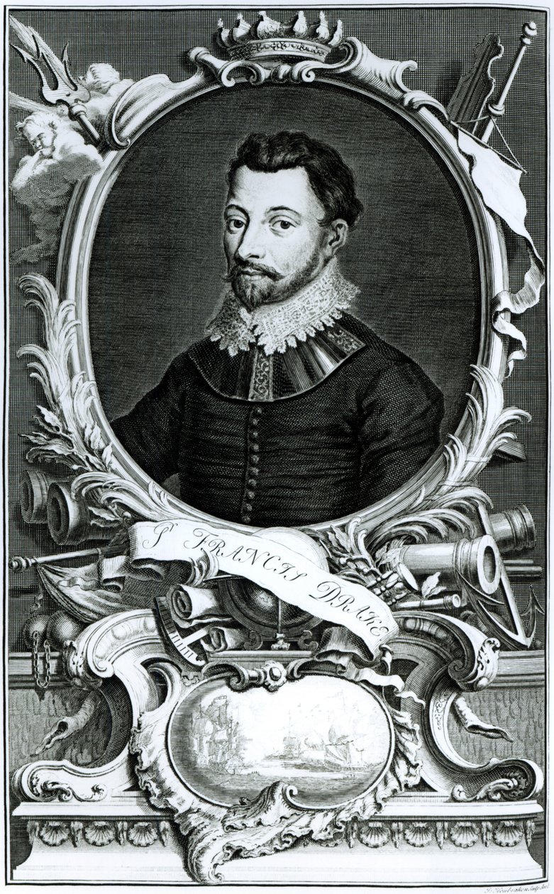 Retrato de Sir Francis Drake (c.1540-96) grabado por Jacobus Houbraken (grabado) de English School