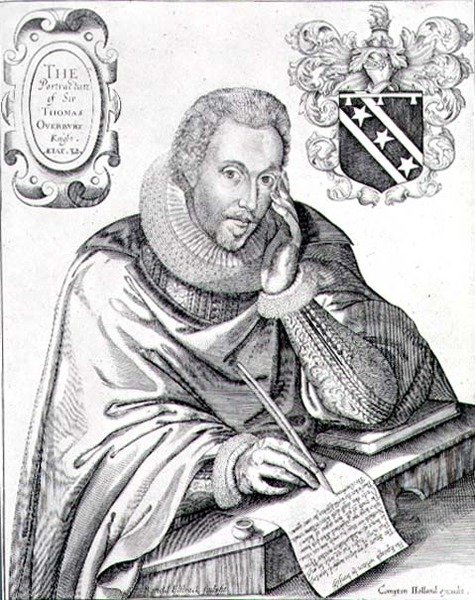 Retrato de Sir Thomas Overbury (1581-1613) escribiendo su epitafio, grabado por Renold Elstrack de English School