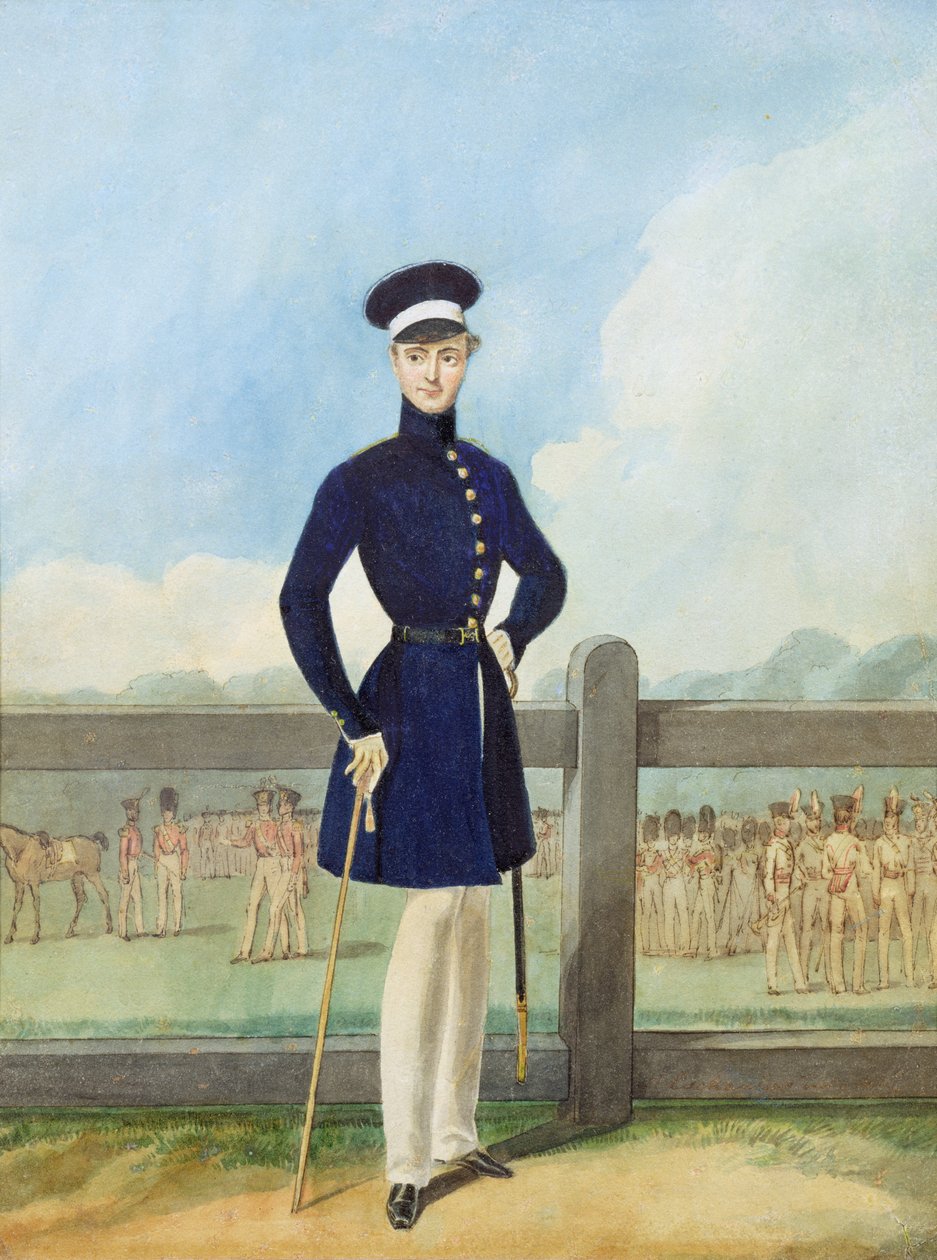 Retrato de un oficial británico con abrigo de uniforme y gorra de forraje de English School