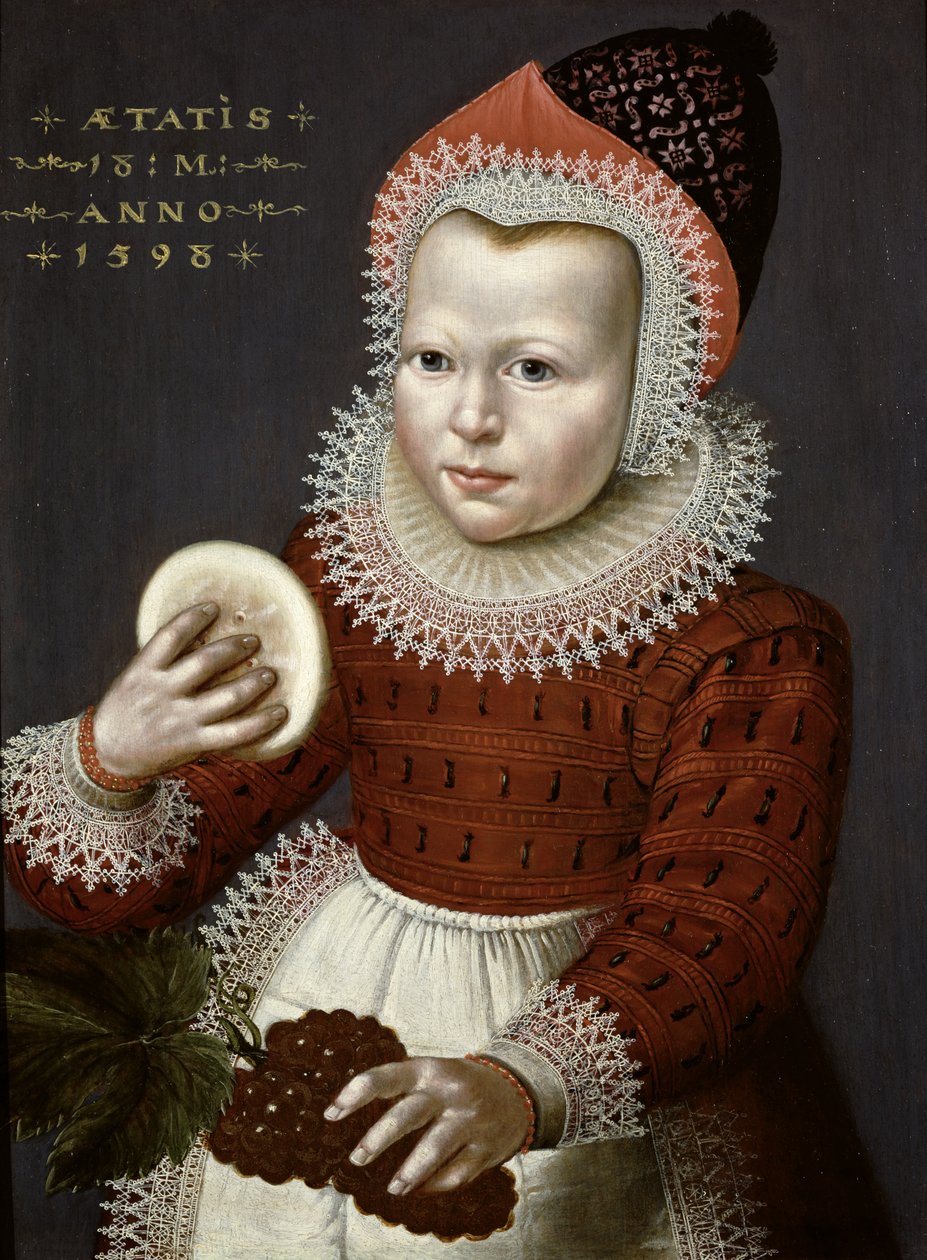 Retrato de una niña joven sosteniendo pan y uvas, 1598 de English School