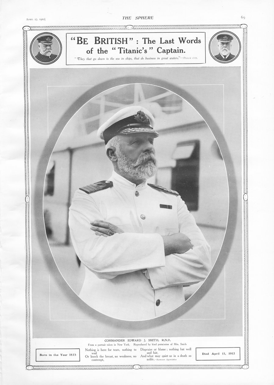 Retrato y homenaje al comandante Edward J. Smith, capitán del transatlántico de la White Star Line RMS Titanic, de The Sphere, 27 de abril de 1912 de English School