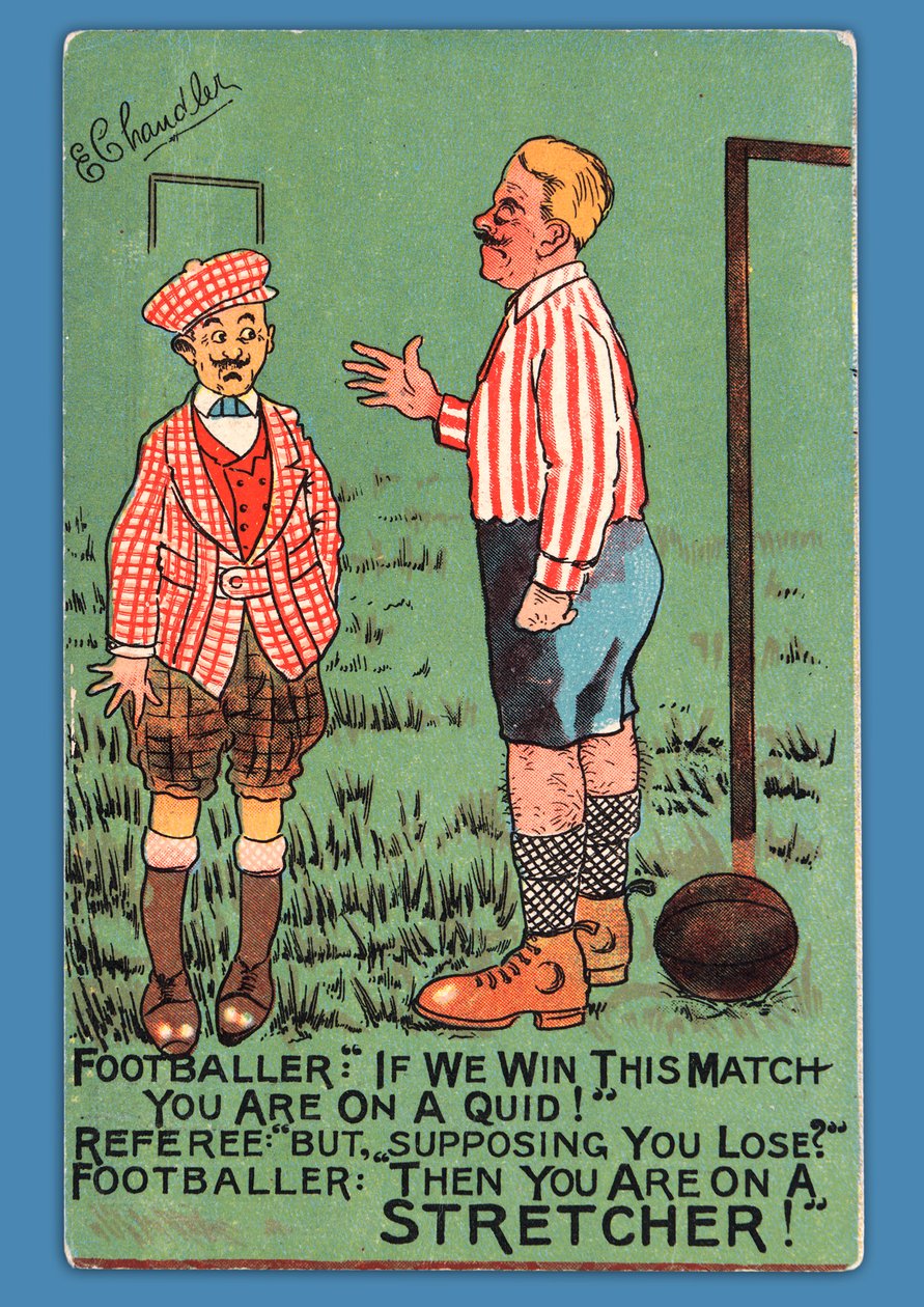 Postal que muestra una caricatura de un futbolista español de English School