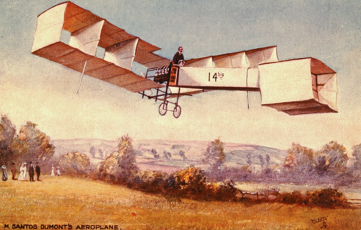 Postal que representa el aeroplano Santos-Dumont 14-bis, c. 1910 de English School