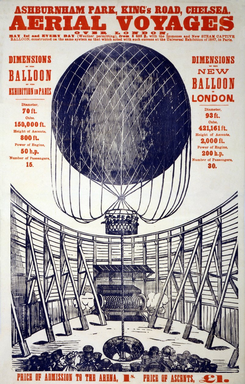 Póster promocionando "Viajes aéreos sobre Londres", pub. 1867 (litografía en color) de English School