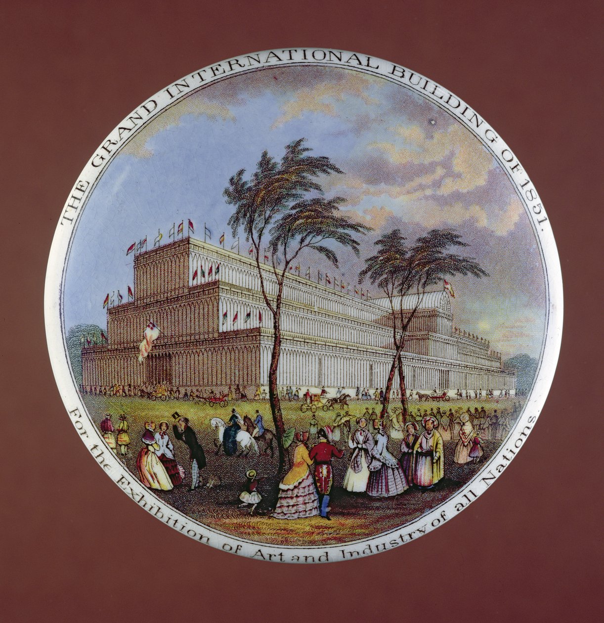 Tapa de maceta que representa el Palacio de Cristal, por T.J. y J. Mayer, Dale Hall, Longport, Staffordshire. de English School