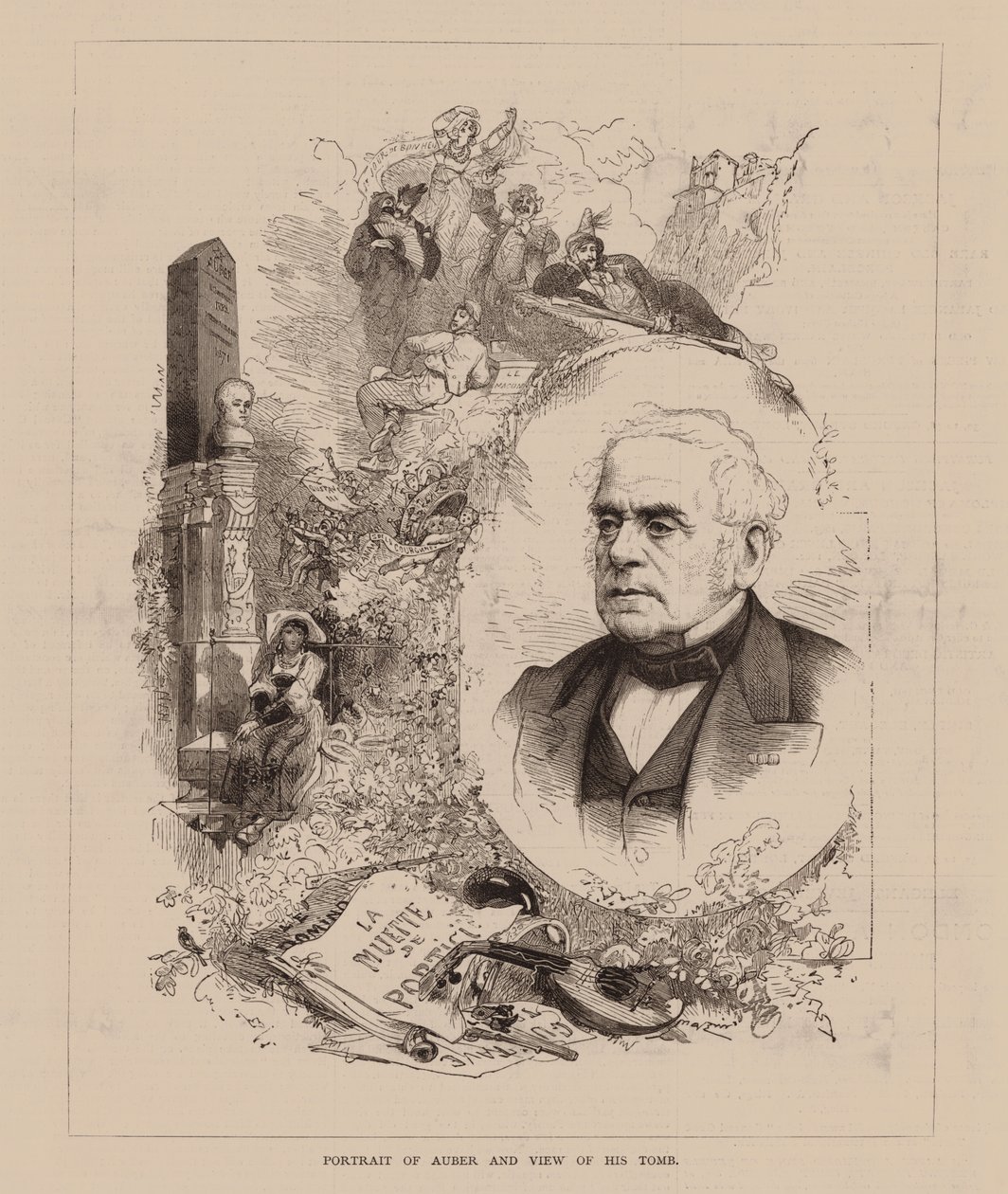 Retrato de Auber y vista de su tumba (grabado) de English School