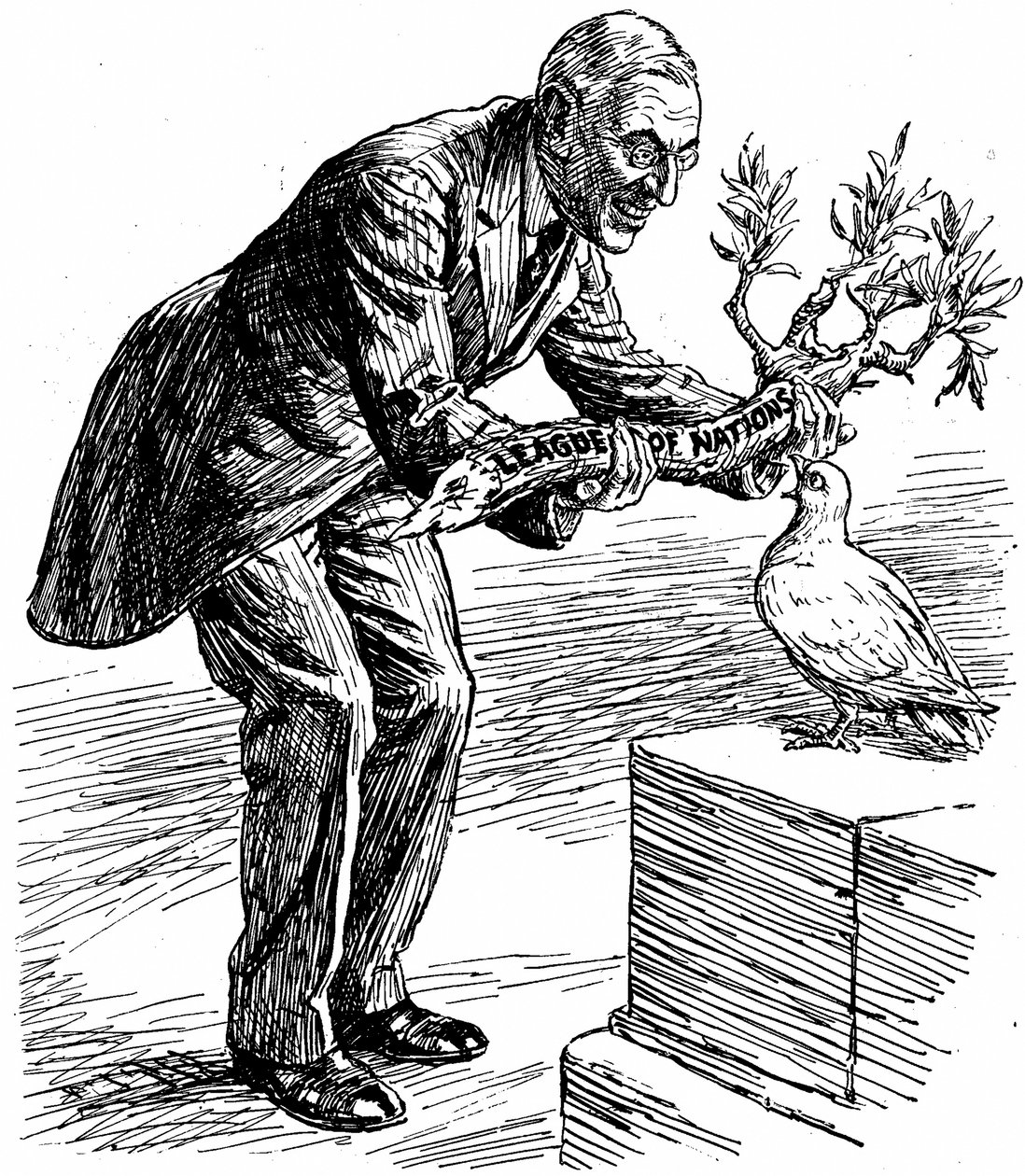 El Presidente Wilson entregando a la Paloma de la Paz una rama de olivo con la etiqueta "Liga de las Naciones", de "Punch", Londres, 26 de marzo de 1919 (impresión). de English School