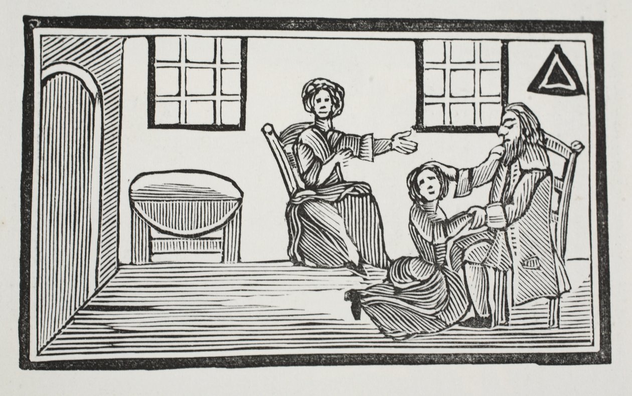 La bonita Bessie recibiendo la bendición de su padre cuando va a buscar su propio sustento, ilustración de Chap-books del siglo XVIII de John Ashton, pub. 1882 de English School