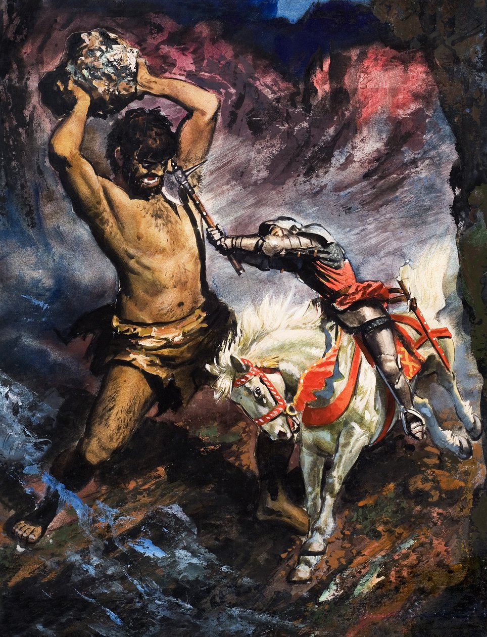 El príncipe Arturo mata al gigante, ilustración de "The Faerie Queen" (gouache sobre papel) de English School
