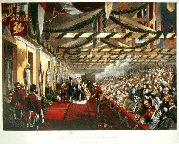 La princesa Alexandra de Dinamarca llegando a Londres el 7 de marzo de 1863 a la estación de Bricklayers Arms con su futuro esposo, el Príncipe de Gales. 1863 de English School