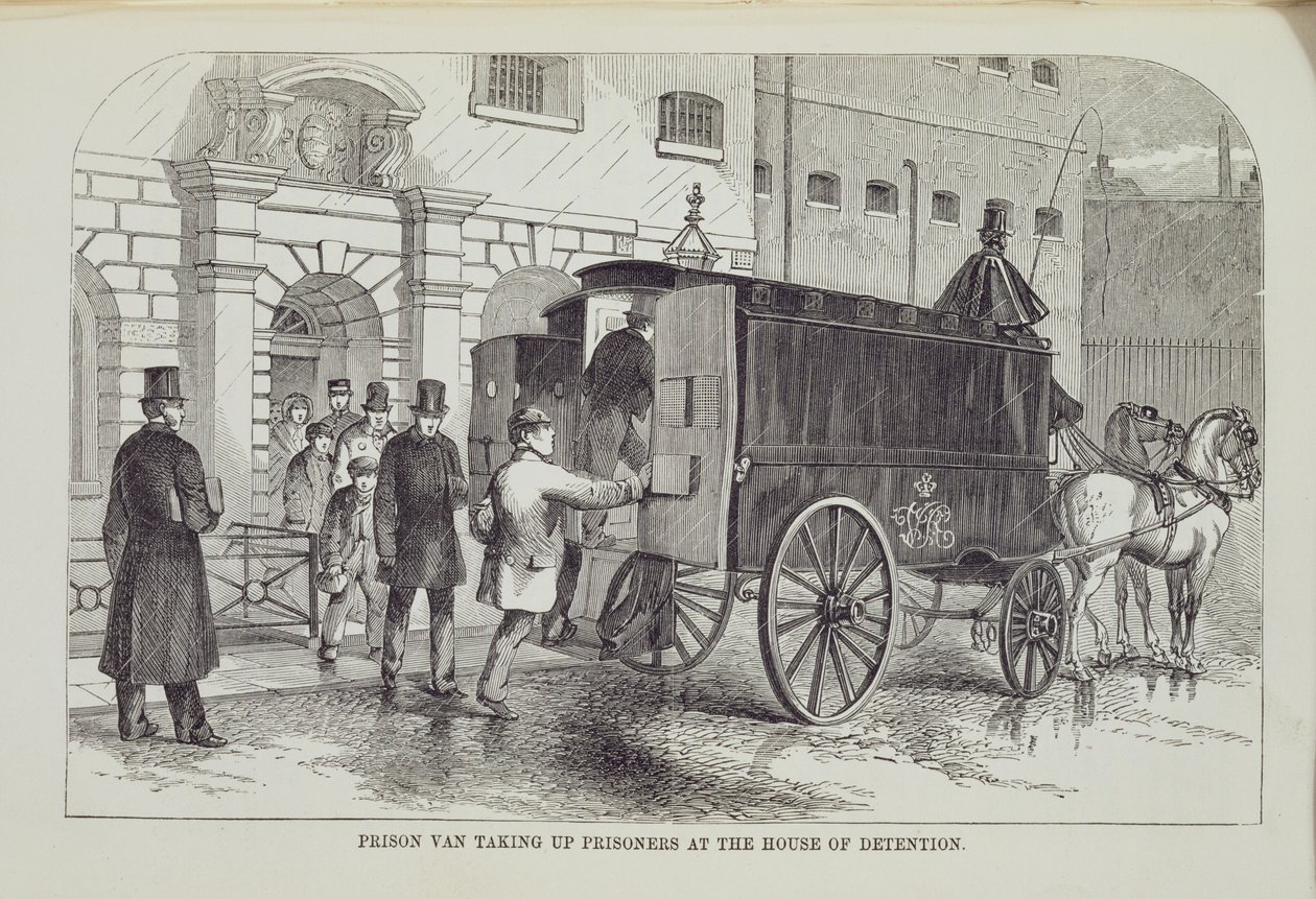 Furgón de Prisioneros recogiendo Prisioneros en la Casa de Detención, de Las Prisiones Criminales de Londres y Escenas de la Vida en Prisión por Henry Mayhew y John Binny, 1862 de English School