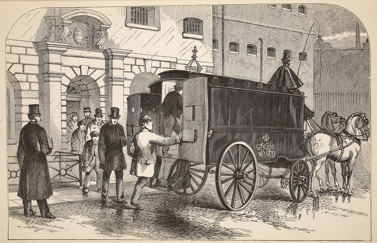Furgón de prisioneros recogiendo prisioneros en la Casa de Detención, ilustración de Las prisiones criminales de Londres y escenas de la vida en prisión de Henry Mayhew y John Binny, pub. 1862 de English School