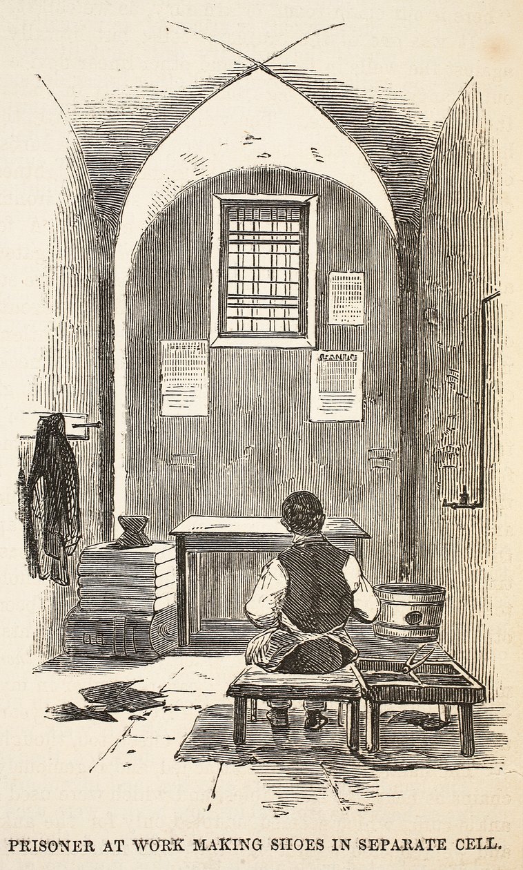 Prisionero trabajando haciendo zapatos en celda separada, ilustración de Las prisiones criminales de Londres y escenas de la vida en prisión de Henry Mayhew y John Binny, pub. 1862 de English School